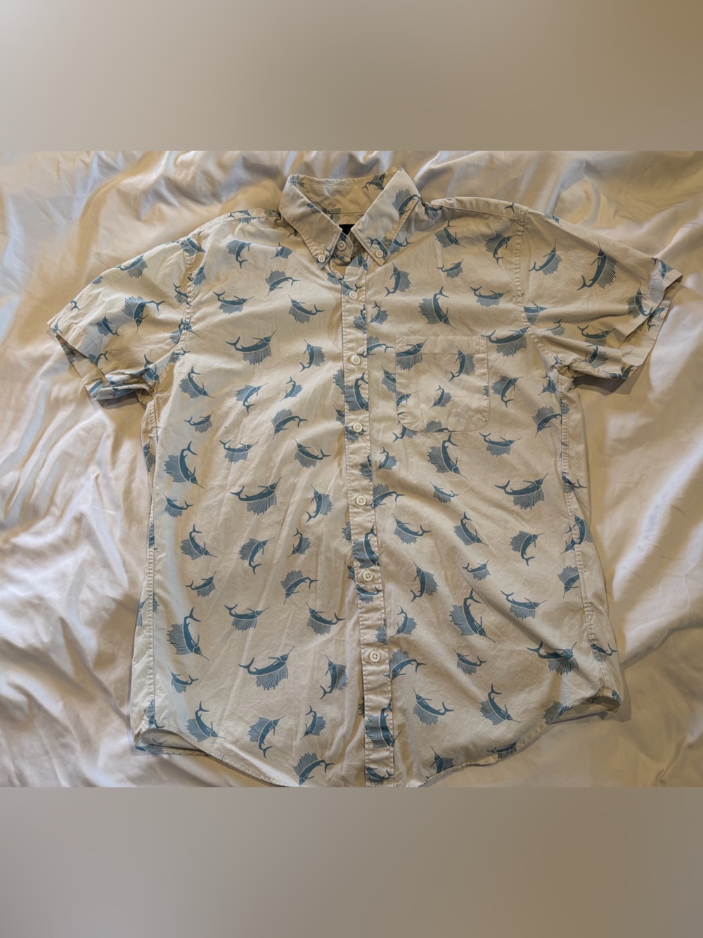 J. Crew Cream Short-Sleeve Shirt with Blue Marlin Print Medium